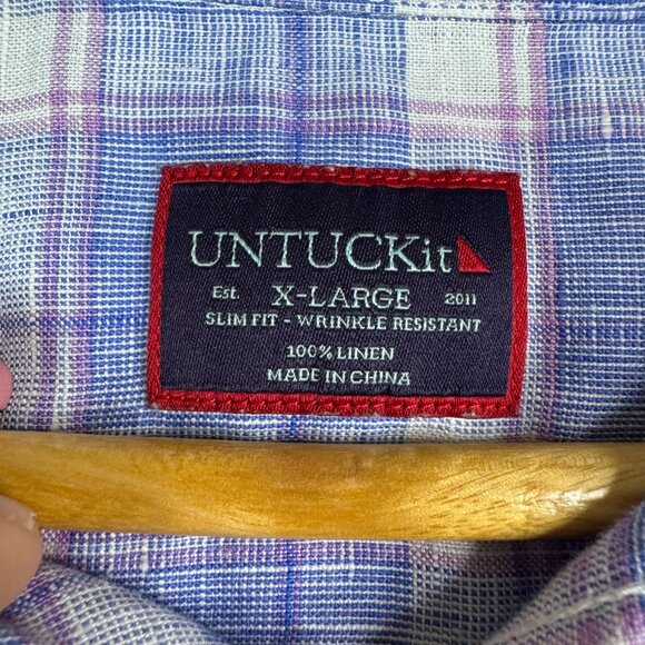 Untuckit Shirt Men XL Blue Tartan Plaid Wrinkle-Resistant Linen Slim Fit Berardo - Picture 9 of 11